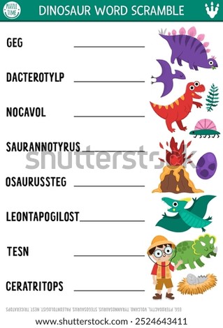 Vector dinosaur word scramble activity page. English language game with tyrannosaur, pterosaur, stegosaur for kids. Prehistoric family quiz with cute dino. Educational printable worksheet
