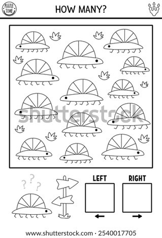 Dinosaur black and white logic game with right and left concept for kids. I spy searching, counting line activity with little ancient animal. Prehistoric printable space orientation worksheet
