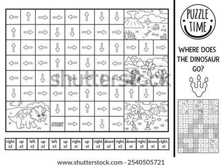 Dinosaur black and white logic maze for kids with triceratops. Prehistoric preschool printable activity. Labyrinth game or line puzzle with left, right, up, down concept. Follow arrow coloring page