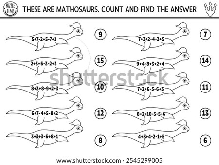 Black and white counting and matching game with cute long plesiosaurs. Dinosaur line math addition and subtraction activity for kids. Prehistoric dino printable counting worksheet, coloring page
