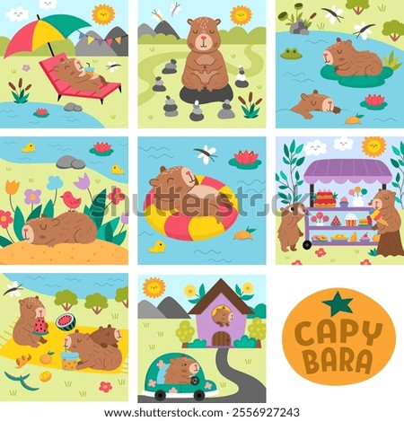 Vector capybara square scenes collection Capibara landscape illustration pack for kids. Cute nature scenes set with adorable animals relaxing, meditating, sleeping, eating, having fun