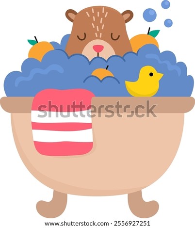 Vector capybara icon. Cute capibara taking bath with tangerines and little duck with closed eyes. Funny happy animal illustration isolated on white background. Comic trendy guinea pig clipart