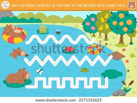 Vector handwriting practice worksheet with capybara. Printable activity for preschool kids with cute animals. Tracing game for writing skills. Help capibaras swim off the pond to orchard