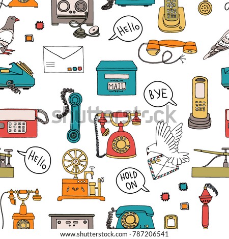 Vector seamless pattern of vintage means of communication. Retro repeat backdrop with wired rotary dial telephone, radio phone, telegraph, receiver, pigeon post, letter, speech bubble, stamps. 