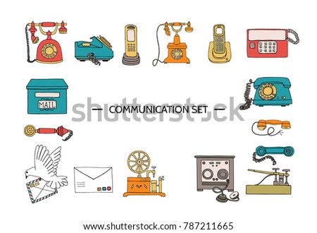 Vector vintage means of communication set. Retro collection of wired rotary dial telephone, radio phone, telegraph, receiver, pigeon post, letter, stamps. Bright and cheerful illustration.