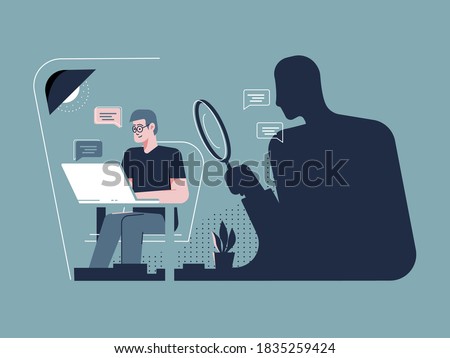 Internet stalking illustration concept. Person sitting on a computer in his office while a stalker is watching him from the shadow without being noticed. Vector. Stock foto © 