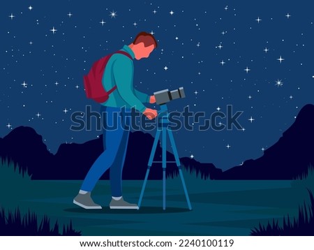 Photographer taking pictures of a night sky. Nature photographer. Vector.