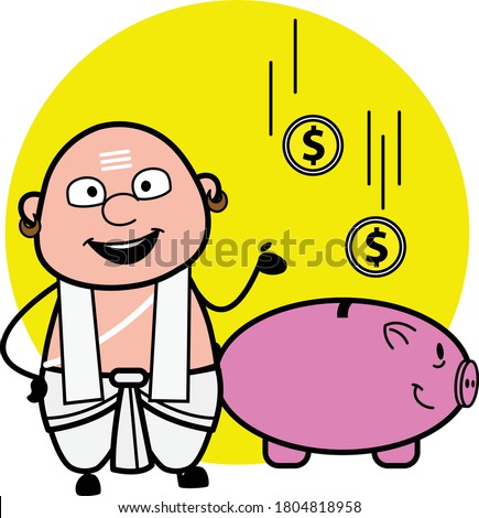 Cartoon South Indian Pandit saving money in piggy bank