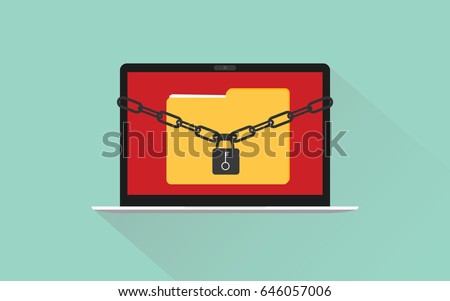 ransomware concept  illustration with laptop chain and file folder with  long shadow