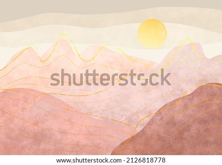 Beige landscape of mountains with a golden sun. Grunge illustration of nature in earthy shades