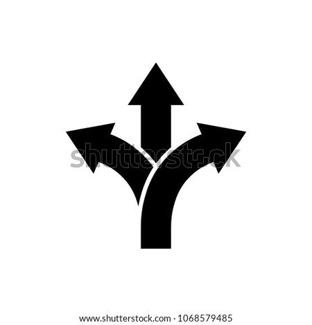 Three-way direction arrow icon in flat style. Road direction symbol isolated on white background Simple choice icon in black Vector illustration for graphic design, Web, UI, mobile upp