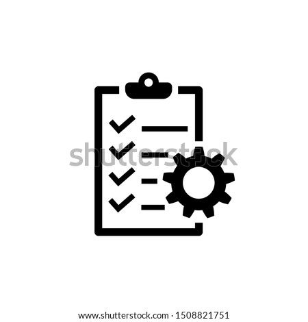 Project management icon. To do list symbol on white background. Checklist with cog icon in flat style. Simple abstract plan icon in black. Vector illustration for graphic design, Web, UI, mobile upp