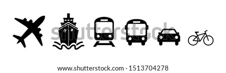 Transport icon set airplane, ship or ferry, train, public bus, auto, bike symbols in flat style. Shipping delivery symbol isolated on white background. Vector illustration for graphic design, Web, app
