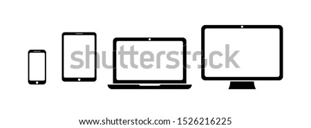 Device icon set in flat style. Collection of symbols: smartphone, tablet, laptop and desktop computer. Digital device collection isolated on white. Vector illustration for web site, mobile application
