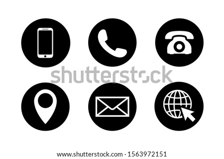 Contact icon set in circles. Phone, mobile phone, retro phone, location, mail and web site symbols in black and white. Simple contact signs in flat style. Vector illustration for graphic design, Web.