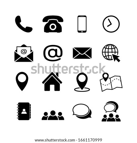Contact us icon set in flat style. Phone, smartphone, clock, email, globe, location, house, map, address, chat symbols isolated on white background. Simple abstract icons in black Vector illustration