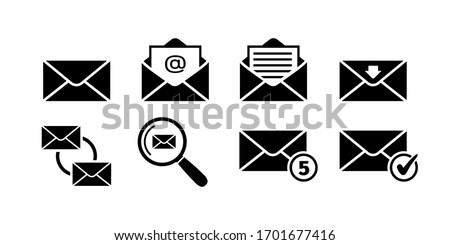 Email icon set in black. Mail delivery symbols. Letter in envelope. Set of email signs in flat. Sending message icon collection isolated on white. Vector illustration for graphic design, Web, UI, app.