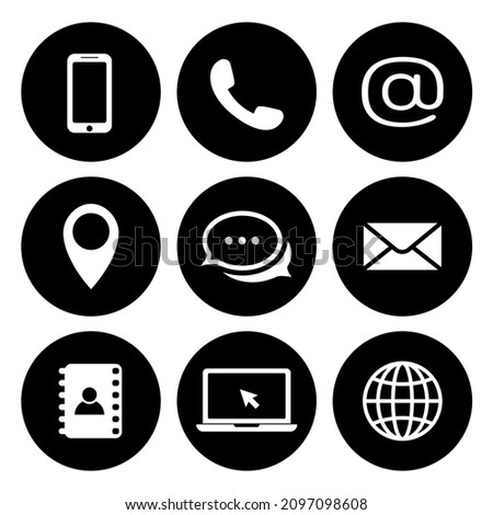 Contact us icons in circles. Phone, mobile phone, retro phone, location, mail and web site symbols in black and white. Simple contact icon set in flat style. Vector illustration for graphic design