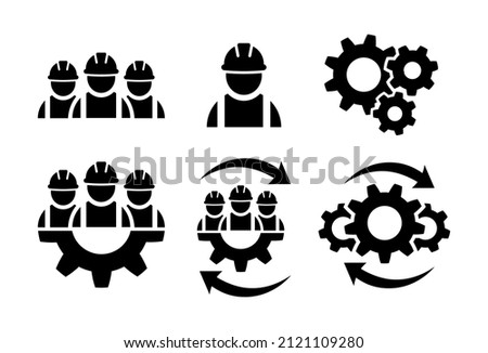 Construction workers icon set in flat. Building contractor symbol on white. Industrial workers with gear. Teamwork business icon. Abstract builders icon in black. Vector illustration for graphic