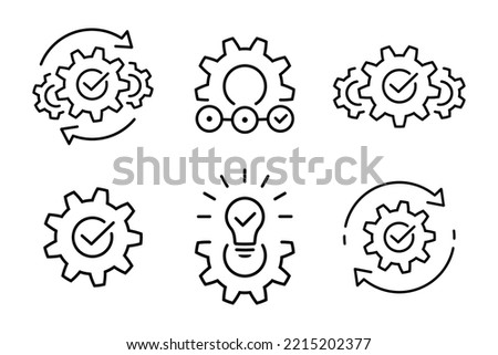 Effective solution icon set in flat. Successful idea symbols on white. Process or operations thin line icons in black. Cogs or gears with check. Vector illustration for graphic design, Web, UI, app.
