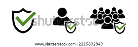 People and shield security symbols. Protection icon set in flat. User profile security sign. User with shield symbol. Mark approved icon. Guard shield icon with tick Vector illustration for graphic