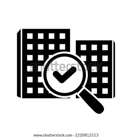 Successful apartment search icon. Home search icon in flat style. Real estate search symbol on white. Magnifier glass with building filled sign. Vector design for web site, UI, mobile app.
