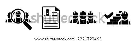 Building contractor icon set in flat. Search, resume, brick wall, check mark icons. Good job of construction worker symbol. Approved work Builders icons in black Vector illustration for graphic design