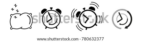 Sleep and wake up Icon set alarm clock, pillow, ringing alarm clock, clock deadline. Wake up or get up concept. Time sign isolated on white background in flat style