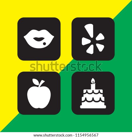 sweet icon. 4 sweet set with yelp, fruit, kiss and happy birthday vector icons for web and mobile app