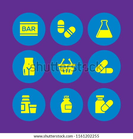 9 bottle icons in vector set. basket, diary product, flask and pill illustration for web and graphic design