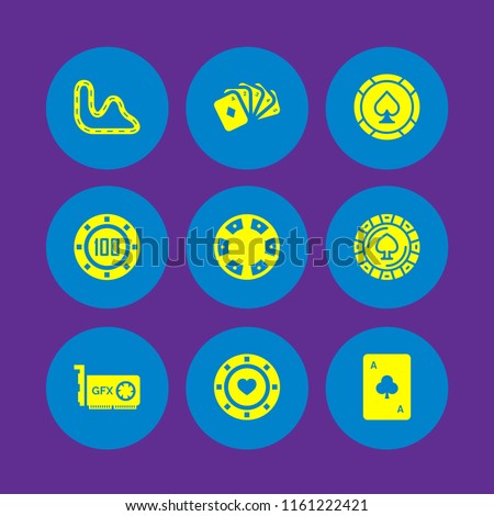 9 chip icons in vector set. casino token with heart, poker piece, circuit and ace of clubs illustration for web and graphic design