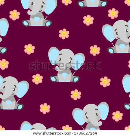 Seamless pattern with baby elephants and pink flowers. Gray and light blue. Dark background. Cartoon style. Funny and cute. African animal. For postcards, wallpaper, textile and wrapping paper