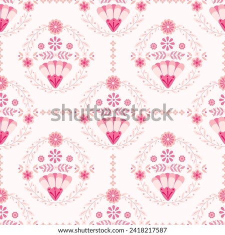 Baby pink and white folk floral wreath composition repeating pattern.