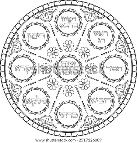 Decorative black outline illustration of Rosh Hashana seder meal plate. Judaica artwork. Translation: 