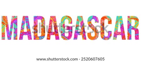 Madagascar country creative text design filled with colorful doodle pattern	