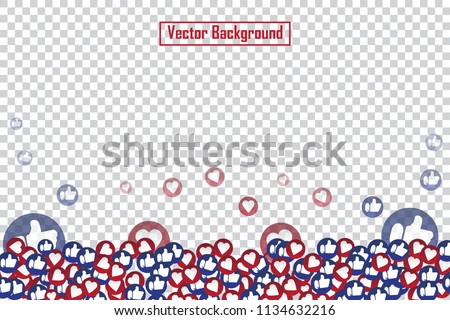 Social nets blue thumb up like and red heart floating web buttons isolated on transparent background. Like and heart icons for live stream video chat likes falling background vector design template