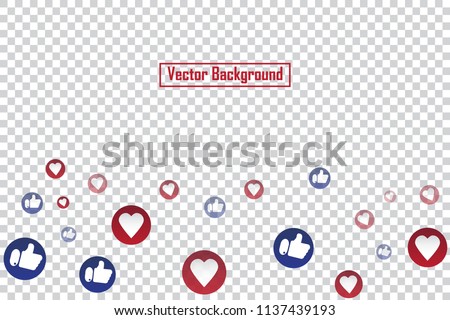 Social nets blue thumb up like and red heart floating web buttons isolated on transparent background. Like and heart icons for live stream video chat likes falling background vector design template. 