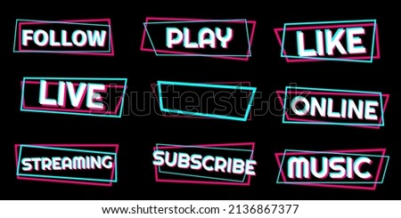 Set of stickers for a popular social network. White - blue  - pink sticker on black background. Modern advertising social media design. Vector illustration