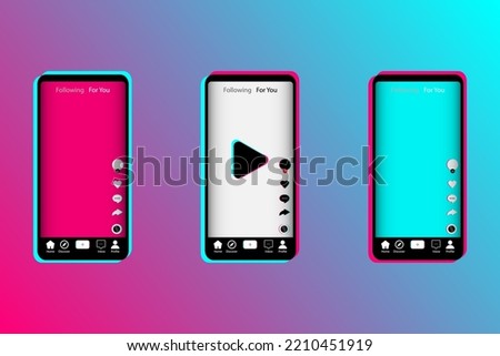 Set of smartphones in popular social media colors. Mobile app screen template. Set of icons for social networking and blogging. EPS10