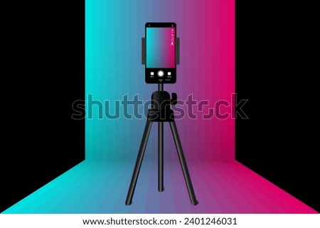 Phone on tripod. People broadcasting, stream on smartphone. Live streaming. Video blog recording. Create video - make money. Illustration of making videos for social media. EPS10