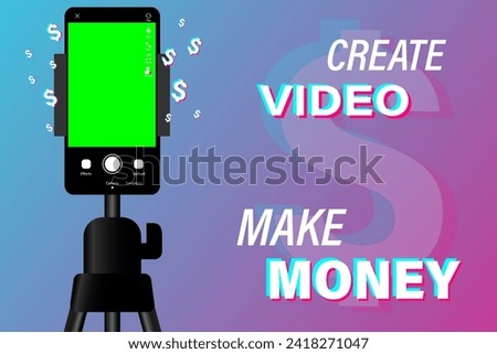 Phone on tripod. People broadcasting, stream on smartphone. Live streaming. Video blog recording. Create video - make money. Illustration of making videos for social media. EPS10