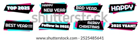 Set of stickers for a popular social network. Black - blue  - pink sticker on white background. Creative concept of 2025 Happy New Year stickers in social media style. Vector illustration. EPS10