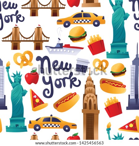 A cartoon vector illustration of super cute new york landmarks, foods and culture seamless pattern background.