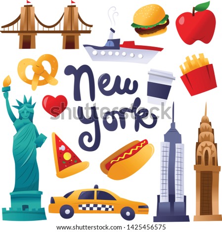 A cartoon vector illustration of various new york culture icons, landmarks and food like hot dog, pretzel, and more.