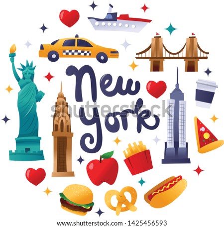 A cartoon vector illustration of super cute new york culture icons, landmarks and food round decorations.