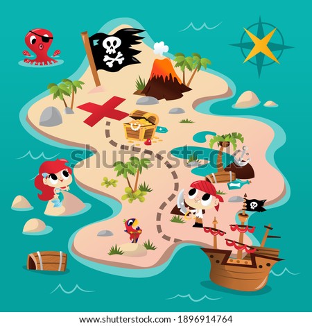 A cartoon vector illustration of a super cute pirate adventure map. The map has cute pirate and mermaid with ship, treasure chest and a volcano.