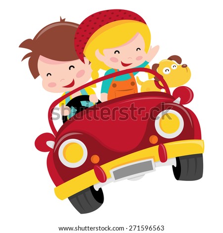 A Cartoon Vector Illustration Of Two Happy Kids, Boy And Girl, Riding A ...