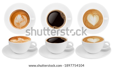 Top view and side view coffee cup collection, coffee cup assortment with shape sign collection isolated on white background. Save with clipping path