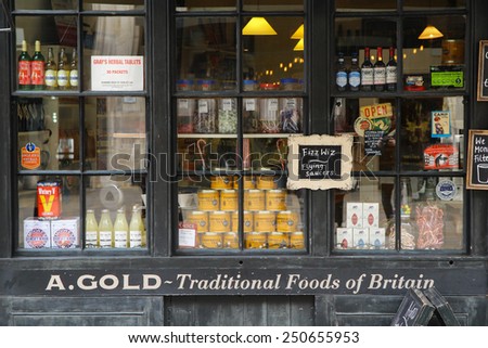 LONDON, March 10, 2014: A Retail Shopfront in the center of London of traditional British food. LONDON, UK.