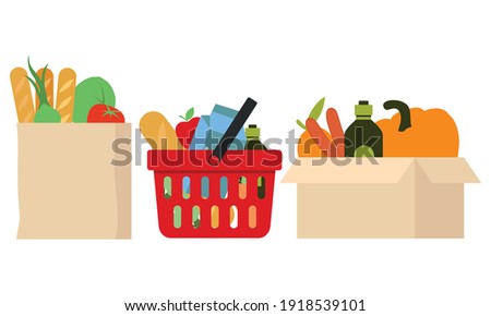 Grocery bags set. plastic and paper packages, supermarket basket with food packs, cans, bread, milk products logo